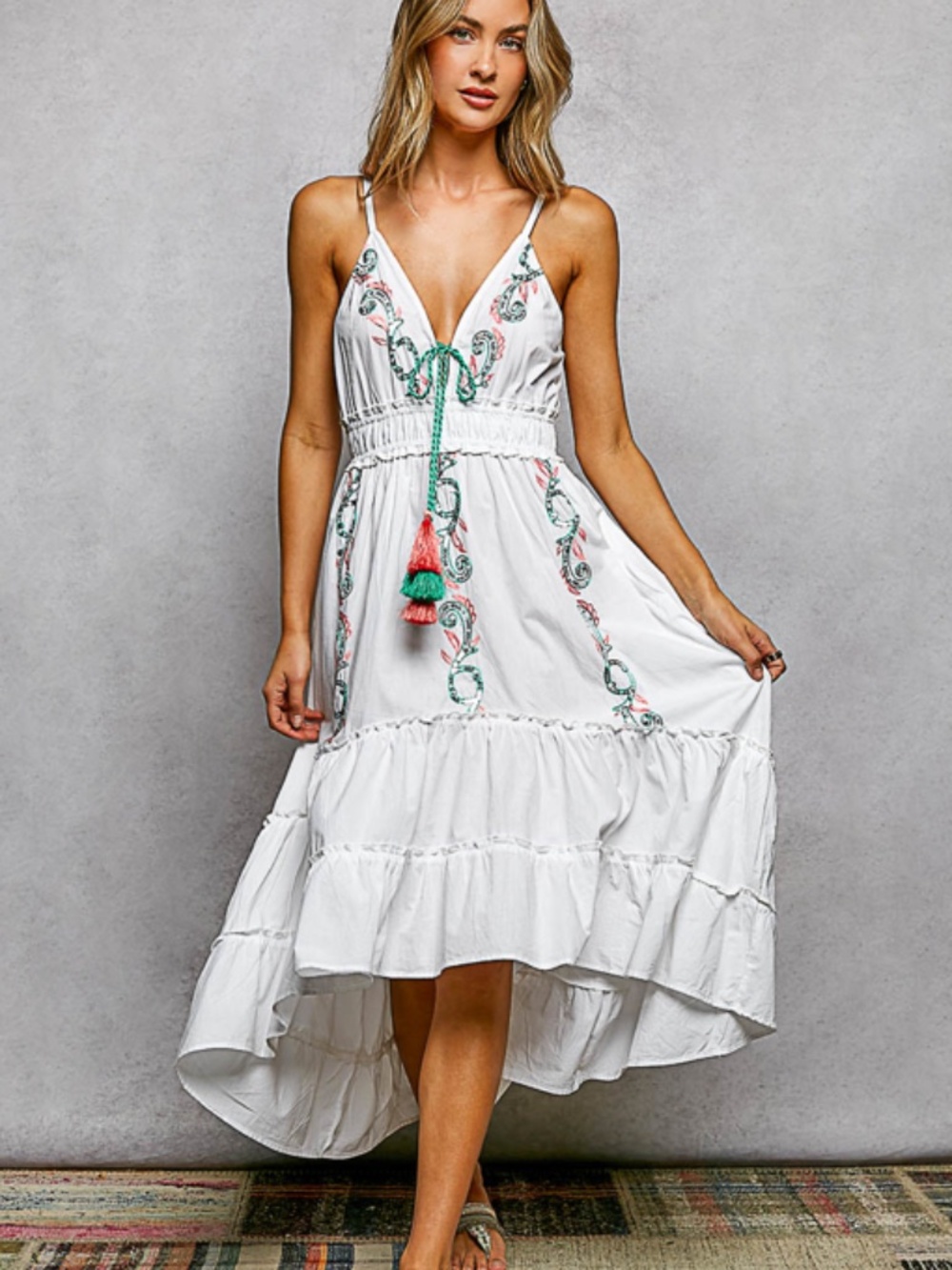 "The Teddi" Ivory V-neck Relaxed Tassel Embroidery Hi-Low Dress